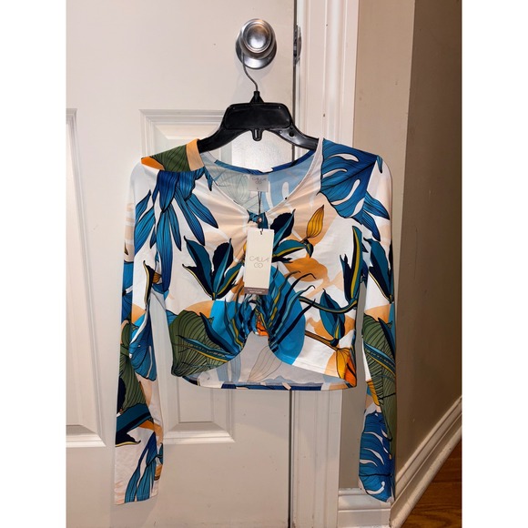 CALIA Womens Long Sleeve Ruched large Rash Guard Botanical Print Swim Top L - Picture 1 of 8